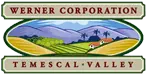 Logo for Werner Corporation Temescal Valley, featuring an illustrated landscape with rolling hills, farmland, and a house, framed by text in decorative banners. Represents a company rooted in the Temescal Valley region.